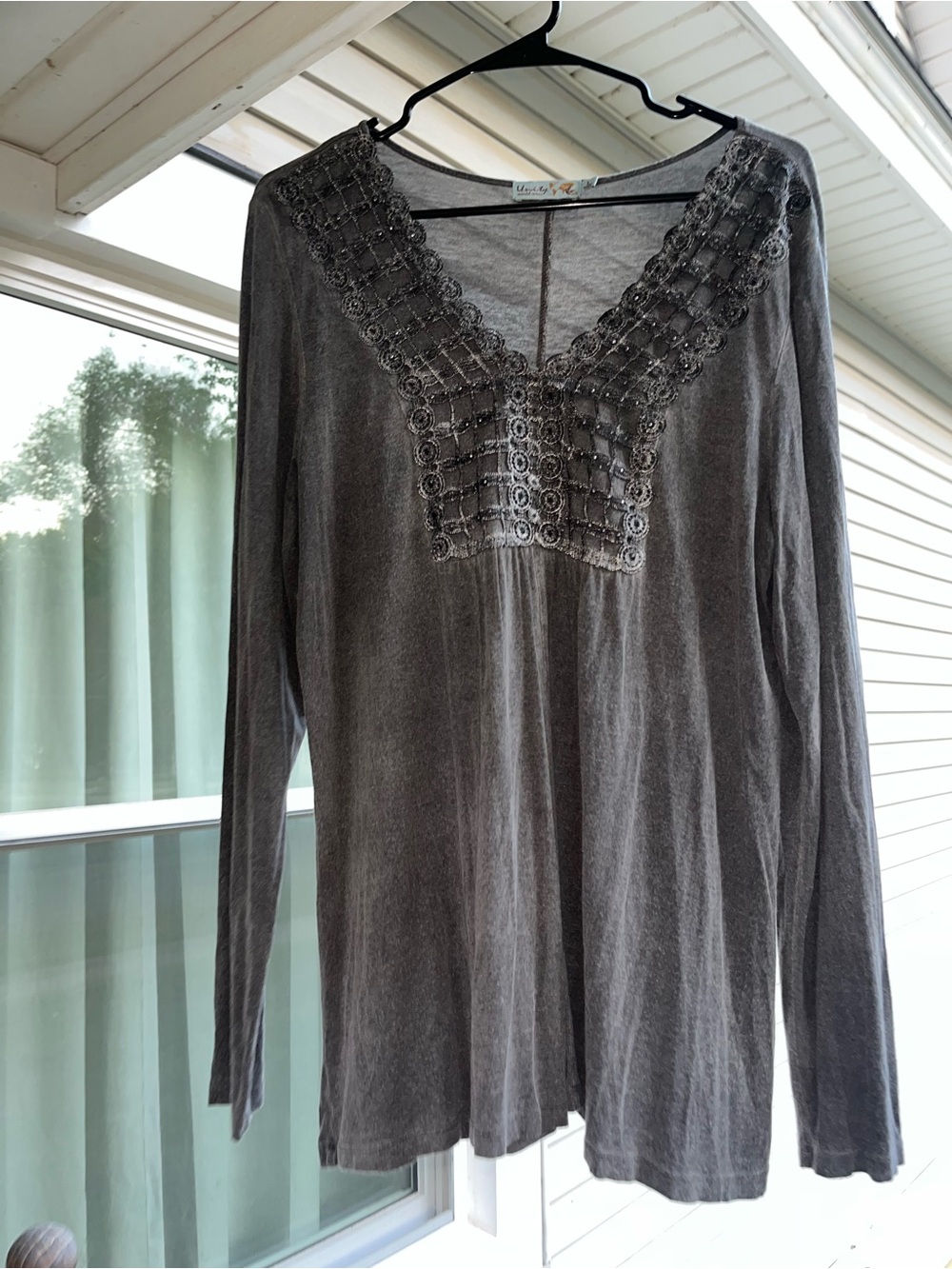 Unity World Wear Gray Embroidered V-Neck Long Sleeve Top